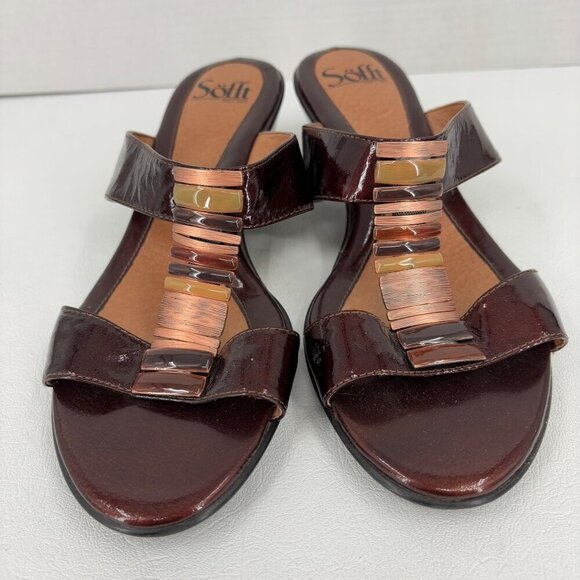 Sofft Anita Slide Sandal Size 9 Brown Copper Metallic Wedge Patent Leather Mule - Picture 6 of 11